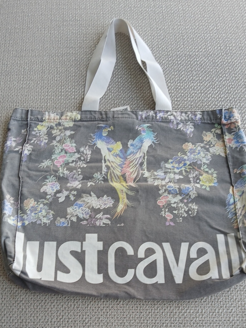 Just Cavalli Gray Floral Tote with Colorful Bird Motif